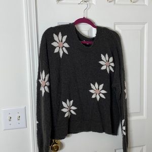 Madewell sweater. Gray with white petal flowers with pink center.